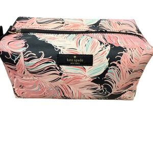 Kate Spade New York Pink Feather Print Saffiano Cosmetic Bag Toiletry Case Black